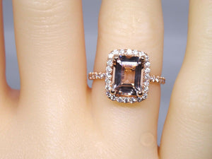 4Ct Emerald Cut Peach Morganite Diamond Halo Engagement Ring 14K Rose Gold Over