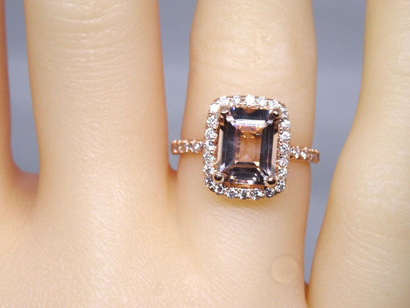 4Ct Emerald Cut Peach Morganite Diamond Halo Engagement Ring 14K Rose Gold Over