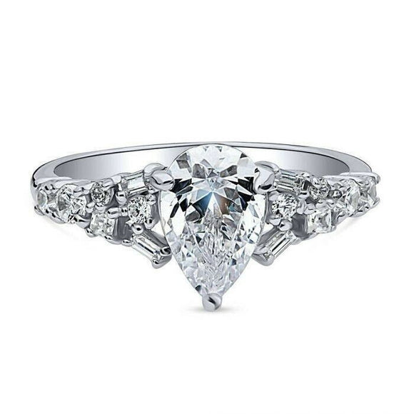 3Ct Pear Cut Diamond Stylish Accent Solitaire Engagement Ring 14K WhiteGold Over