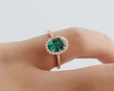 1.5ct Oval Cut Green Emerald Halo Diamond Engagement Ring 14k Rose Gold Finish