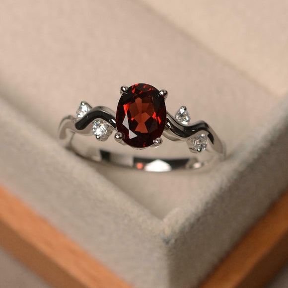 1ct Oval Cut Red Garnet Solitaire Round Wavy Accent Ring 14k White Gold Finish