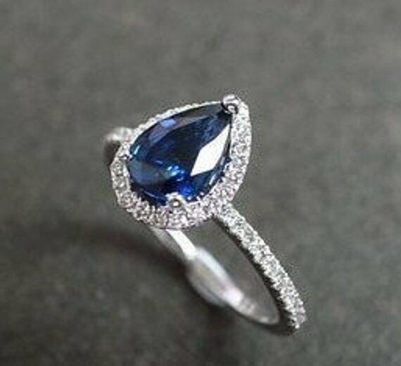 1ct Oval Blue Sapphire Halo Diamond Accent Engagement Ring 14k White Gold Finish