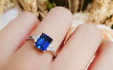 1.5ct Emerald Cut Blue Sapphire Engagement Ring 14k White Gold Finish Trilogy