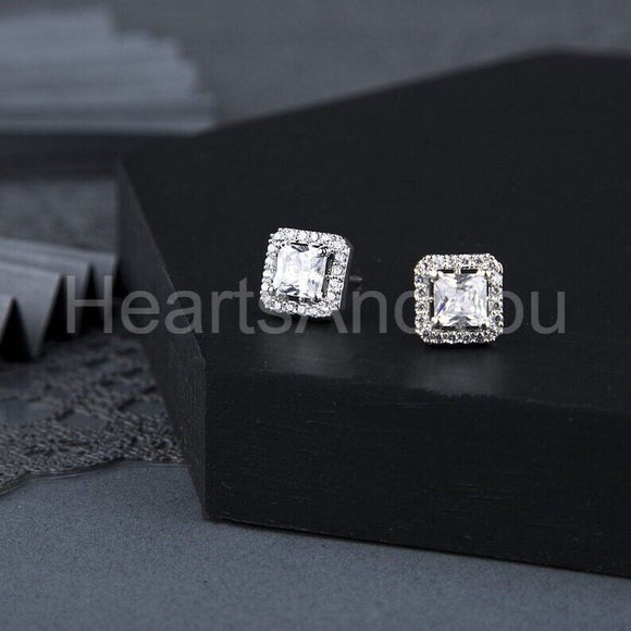 2ct Princess Cut Simulated Diamond Halo Women Stud Earrings 14K WhiteGold Plated