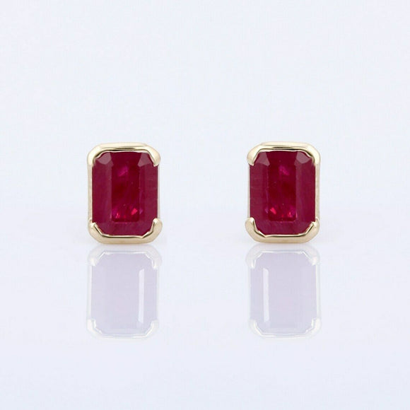 1.5ct Stud Earrings Emerald Cut Ruby Bezel Set Solitaire 14k Yellow Gold Finish