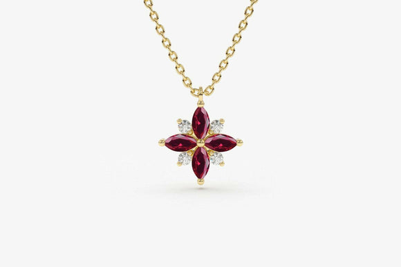 1.1ct Pink Ruby Pendant Chain Marquise Cut Cluster Design 14k Yellow Gold Finish