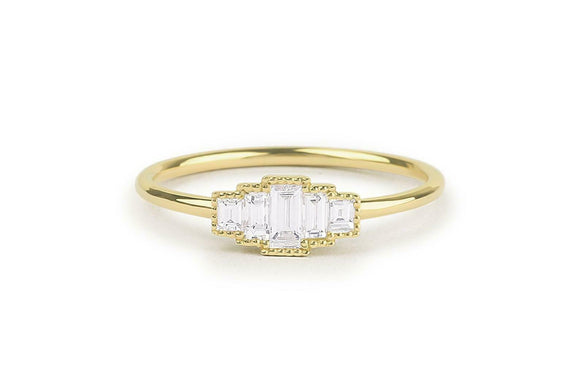 5 Stone Minimalist Engagement Ring 1ct Baguette Cut Diamond 14k Yellow Gold Over