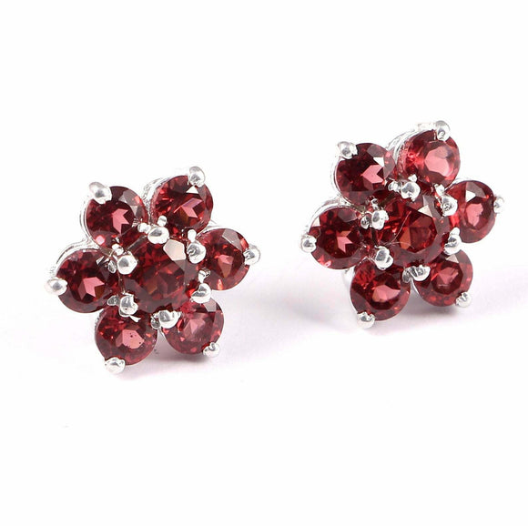 2ct Stud Earrings Round Cut Red Garnet Floral Halo Design 14k White Gold Finish