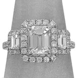 4Ct Emerald Cut DVVS1 Diamond Trilogy Halo Engagement Ring 14K White Gold Finish