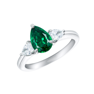 2.5Ct Pear Cut Green Emerald Diamond Accent Three Stone Ring 14K White Gold Over