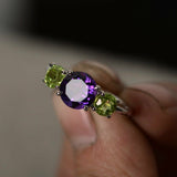 2ct Round Cut Purple Amethyst Trilogy Ring 14k White Gold Over Peridot Accents