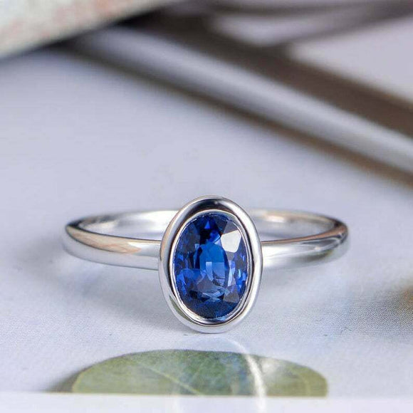 1.4ct Oval Blue Sapphire Engagement Ring Bezel Set Solitaire 14k White Gold Over