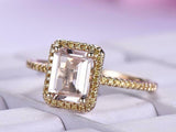 2ct Emerald Cut Morganite Engagement Ring Yellow Sapphire Halo 14k RoseGold Over