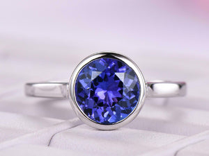 2ct Round Blue Sapphire Engagement Ring Bezel Set Solitaire 14k WhiteGold Finish