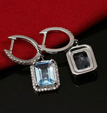 5Ct Emerald Cut Blue Aquamarine Diamond Halo Drop Earrings 14K White Gold Finish