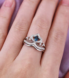 2ct Pear Cut Blue Sapphire Princess Crown Engagement Ring 14k White Gold Finish