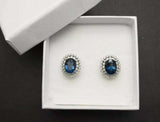 3.7ct Stud Earrings Oval Cut Blue Sapphire Dual Halo Milgrain 14k WhiteGold Over