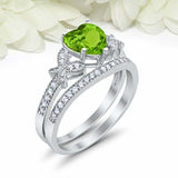 2ct Heart Cut Green Peridot Butterfly Accent Bridal Set Ring 14k White Gold Over