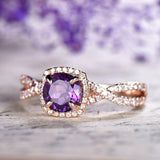 3Ct Round Cut Purple Amethyst Halo Diamond Engagement Ring 14K Rose Gold Finish