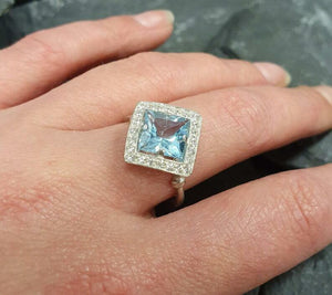 2ct Engagement Ring Princess Cut Blue Aquamarine Diamond Halo 14k WhiteGold Over