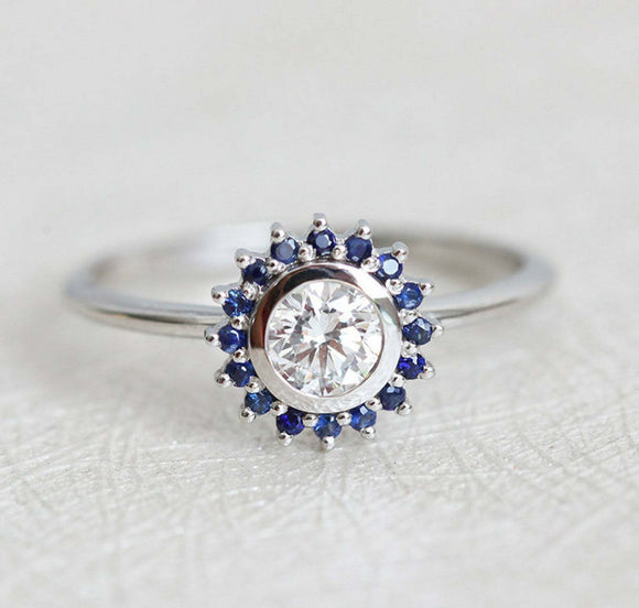 2ct Round Cut Diamond Engagement Ring 14k White Gold Finish Blue Sapphire Floral