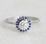 2ct Round Cut Diamond Engagement Ring 14k White Gold Finish Blue Sapphire Floral