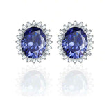 2.9ct Stud Earrings Oval Cut Blue Sapphire Floral Cocktail 14k White Gold Finish