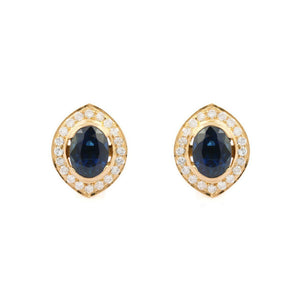 2.1ct Stud Earrings Oval Cut Blue Sapphire Stylish Halo 14k Yellow Gold Finish