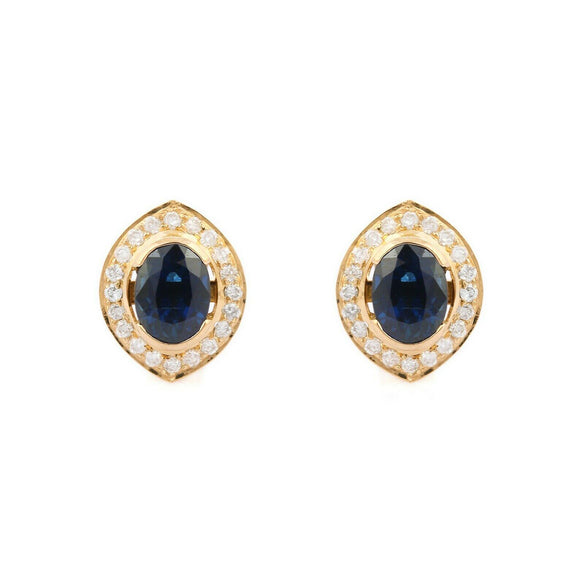 2.1ct Stud Earrings Oval Cut Blue Sapphire Stylish Halo 14k Yellow Gold Finish