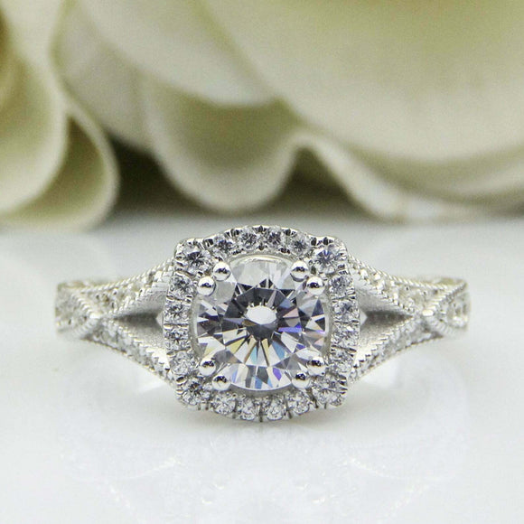 2.6ct Round Diamond Engagement Ring Milgrain Halo Split Band 14k White Gold Over