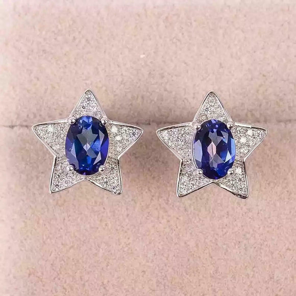 2ct Stud Earrings Oval Cut Blue Sapphire Star Cluster 14k White Gold Finish