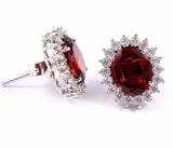 2.3ct Oval Cut Red Garnet Diamond Floral Halo Stud Earrings 14k WhiteGold Finish