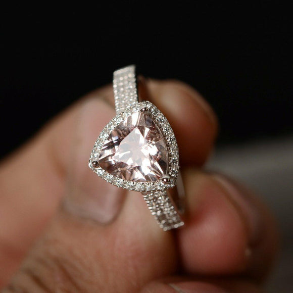 2ct Trillion Cut Peach Morganite Promise Engagement Ring 14k White Gold Finish