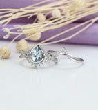 2.3ct Pear Blue Aquamarine Engagement Ring Curved Bridal Set 14k White Gold Over