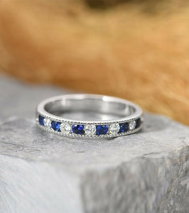 1.3ct Round Cut Alternate Sapphire Diamond Half Eternity Band 14k WhiteGold Over