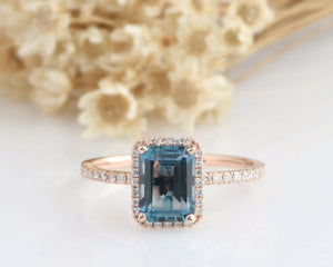 2ct Emerald Cut London Blue Topaz Engagement Ring Diamond Halo 14k RoseGold Over