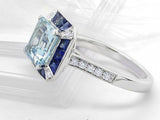 2ct Asscher Cut Blue Aquamarine Art Deco Engagement Ring 14k White Gold Finish