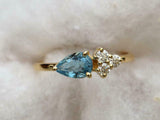 1ct Pear Cut Blue Aquamarine Diamond Petite Minimalist Ring 14k Yellow Gold Over