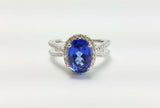 2ct Oval Cut Blue Sapphire Halo Split Band Engagement Ring 14k White Gold Finish