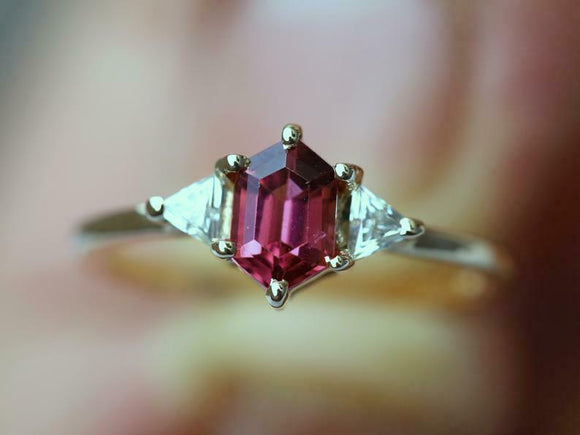 1ct Engagement Ring Hexagon Cut Pink Ruby Minimalist Trilogy 14k White Gold Over