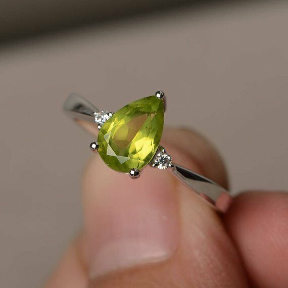 0.75ct Pear Cut Green Peridot Trilogy Engagement Ring 14k White Gold Finish