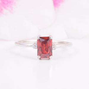 2ct Emerald Cut Red Garnet Engagement Ring Diamond Trilogy 14k White Gold Finish