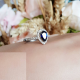 1ct Pear Cut Blue Sapphire Engagement Ring 14k White Gold Finish Halo Teardrop