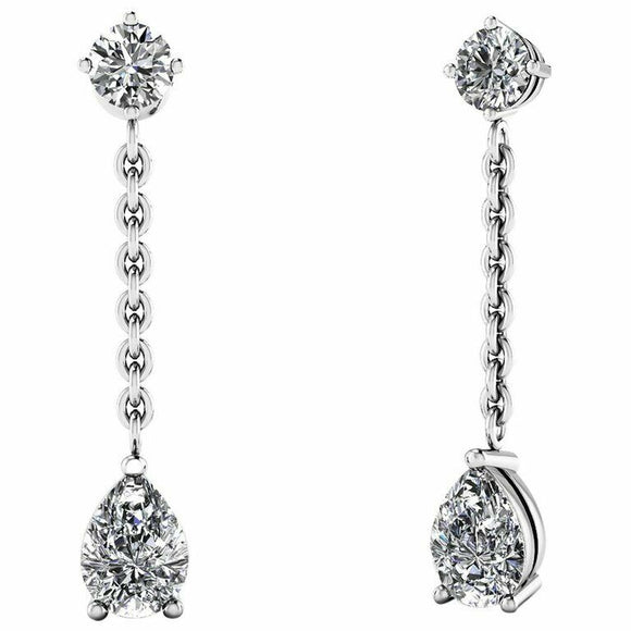 2ct Pear Round Cut Chain Vertical Drop Dangle Earring Women 14k WhiteGold Finish