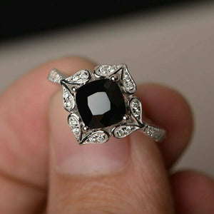 1.5ct Cushion Black Diamond Engagement Ring 14k White Gold Finish Floral Promise