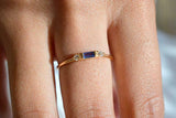 0.6ct Baguette Cut Blue Sapphire Minimalist Trilogy Ring 14k Yellow Gold Finish