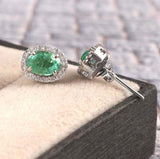 2.4ct Stud Earrings Oval Cut Green Emerald Diamond Halo 14k White Gold Finish