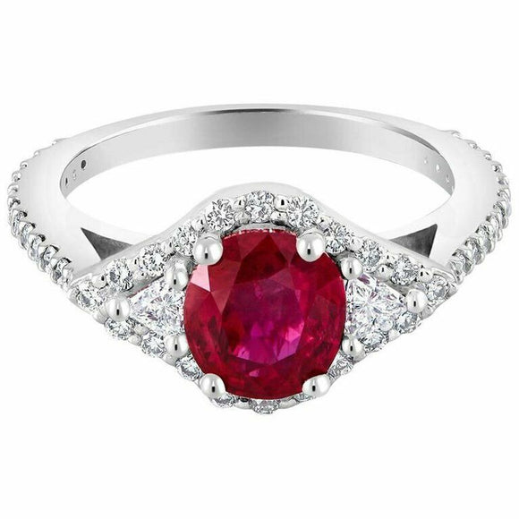 2ct Oval Pink Ruby Engagement Ring Trillion Accent Trilogy 14k White Gold Finish