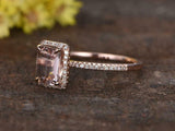 1.2ct Emerald Cut Peach Morganite Engagement Ring 14k RoseGold Finish Halo Women