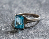 1.5ct Engagement Ring Emerald Cut Blue Aquamarine Solitaire 14k WhiteGold Finish